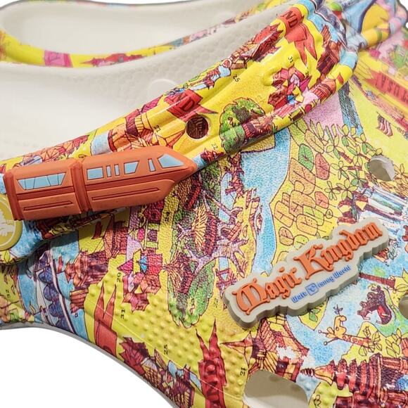DISNEY CROCS WOMENS 9 MENS 7 MAGIC KINGDOM MAP W/ CHARMS STATEMENT COLORFUL FUN - Picture 3 of 10